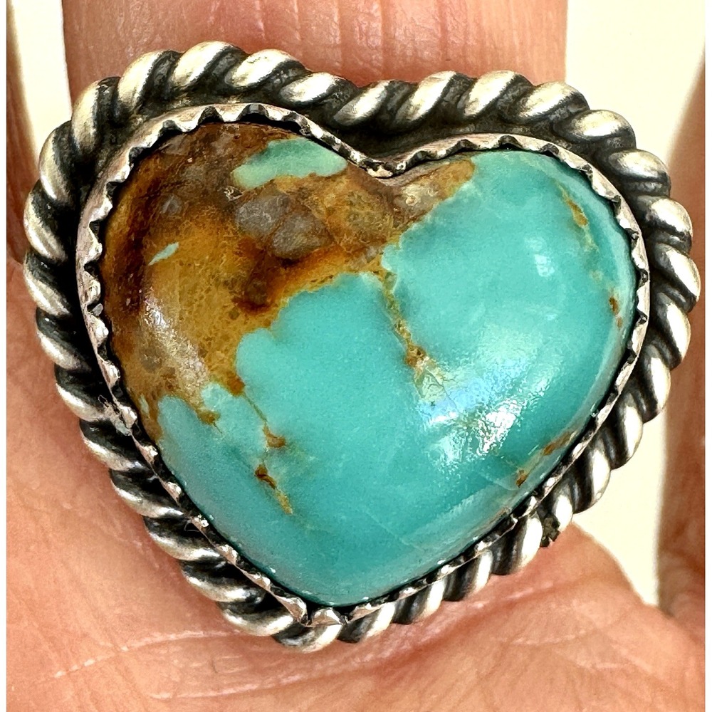 Navajo Heart Turquoise Ring Sz 7 Signed Dixon‎ Sterling Silver Adjustable Native